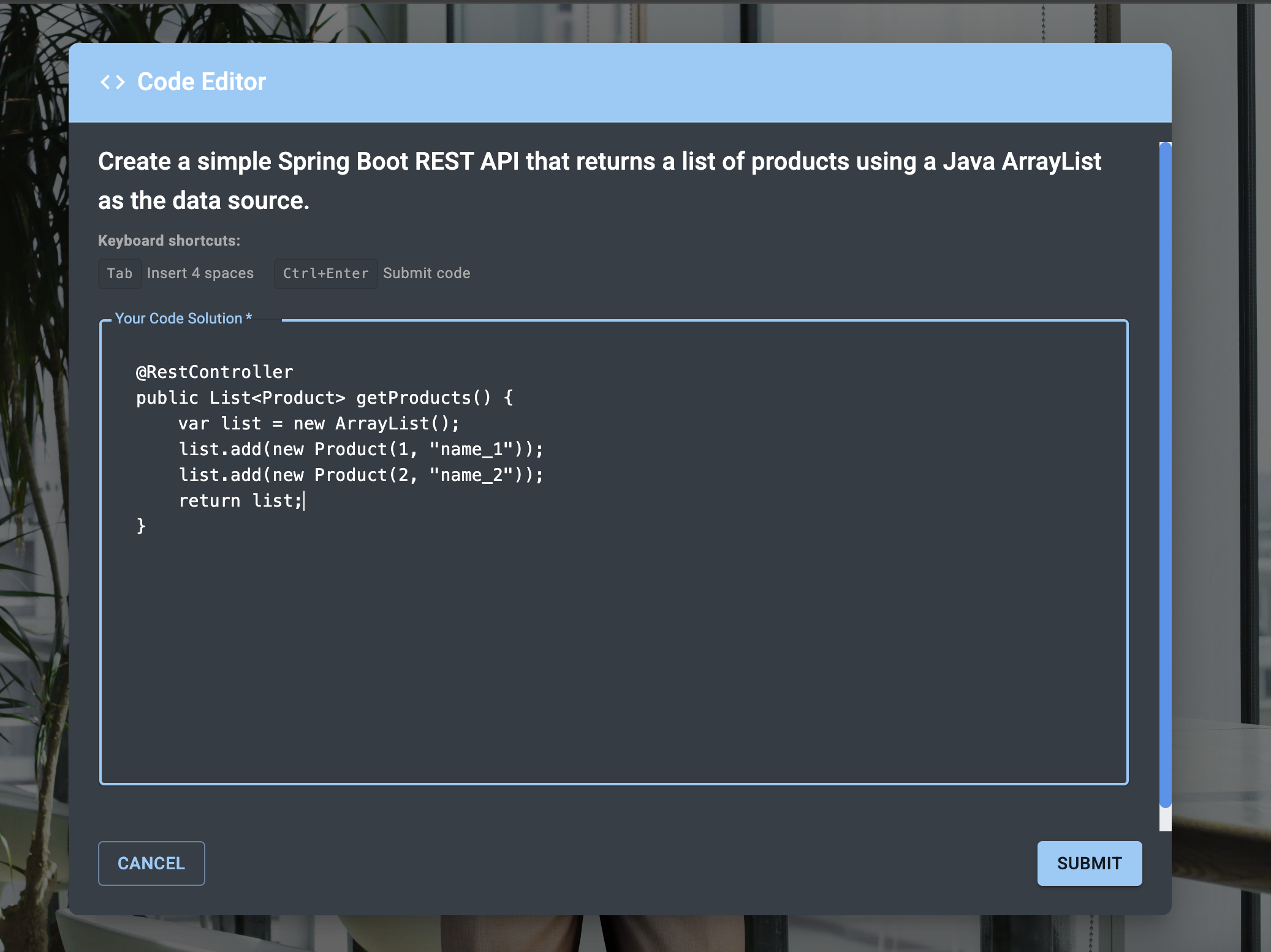 Hands-on training interface where users write and submit their answers for practical learning
