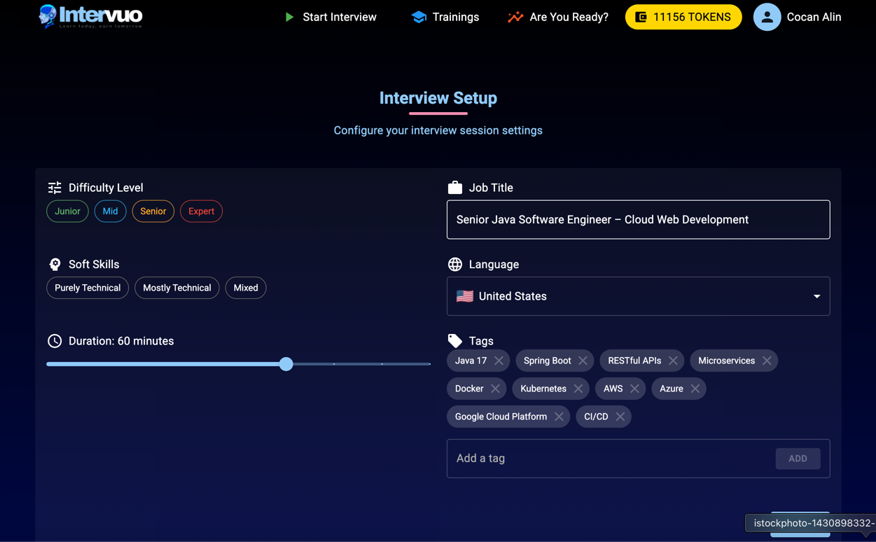 Interview selection interface showing different interview types and difficulty levels